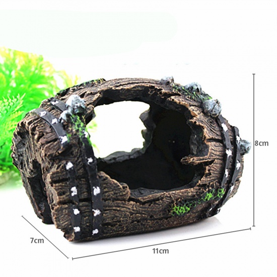 Immagine di Black - Wine Barrel Resin Shelter House Simulation Micro Landscape Miniature Aquarium Decoration 11x7x8cm, 1 Piece