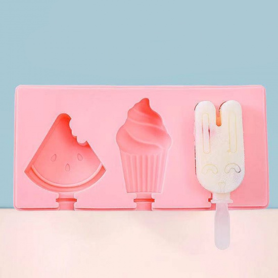 Picture of Pink - Watermelon & Cake & Rabbit (With Lid & 3 Sticks) Ice-lolly Silicone Mold Food Grade 18.2x9.1x2.3cm, 1 Piece