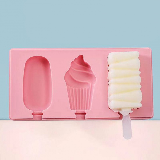 Immagine di Pink - Oval & Cake & Rectangle (With Lid & 3 Sticks) Ice-lolly Silicone Mold Food Grade 18.2x9.1x2.3cm, 1 Piece