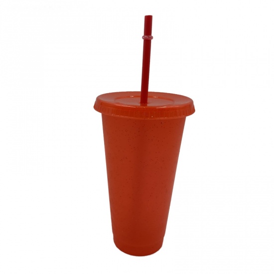 Picture of Orange - Glitter PP Water Cup With Straw And Lid 9.8x9.8x17.3cm, 1 Piece