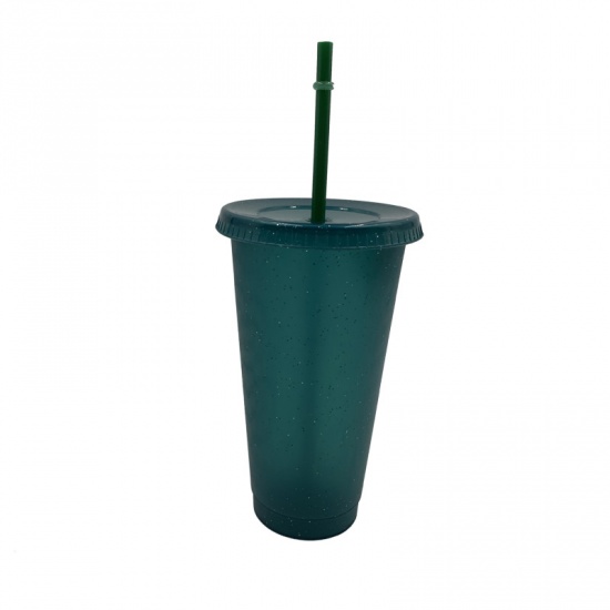 Picture of Dark Green - Glitter PP Water Cup With Straw And Lid 9.8x9.8x17.3cm, 1 Piece