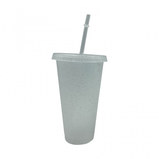 Picture of White - Glitter PP Water Cup With Straw And Lid 9.8x9.8x17.3cm, 1 Piece