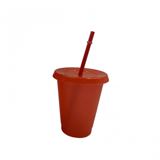 Picture of Orange - Glitter PP Water Cup With Straw And Lid 9.8x9.8x12cm, 1 Piece