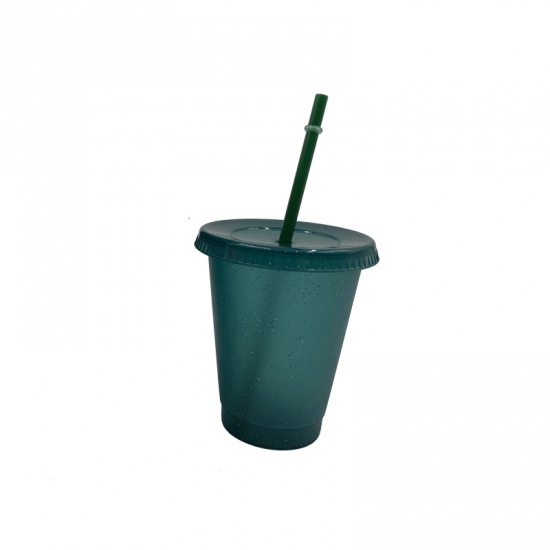 Picture of Dark Green - Glitter PP Water Cup With Straw And Lid 9.8x9.8x12cm, 1 Piece