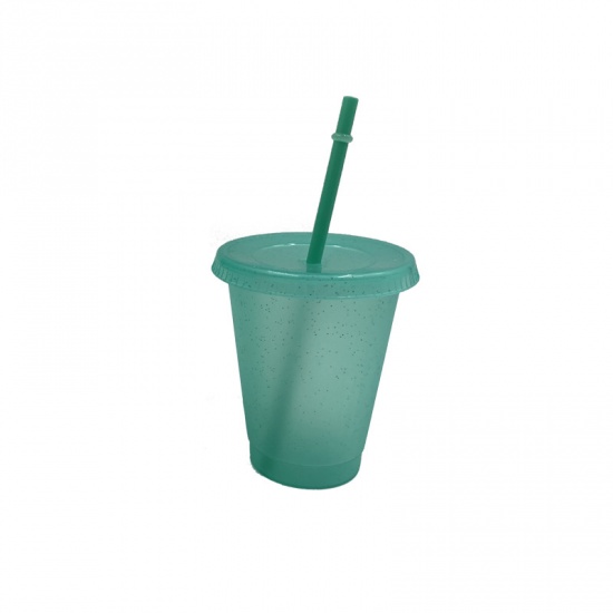 Picture of Light Green - Glitter PP Water Cup With Straw And Lid 9.8x9.8x12cm, 1 Piece