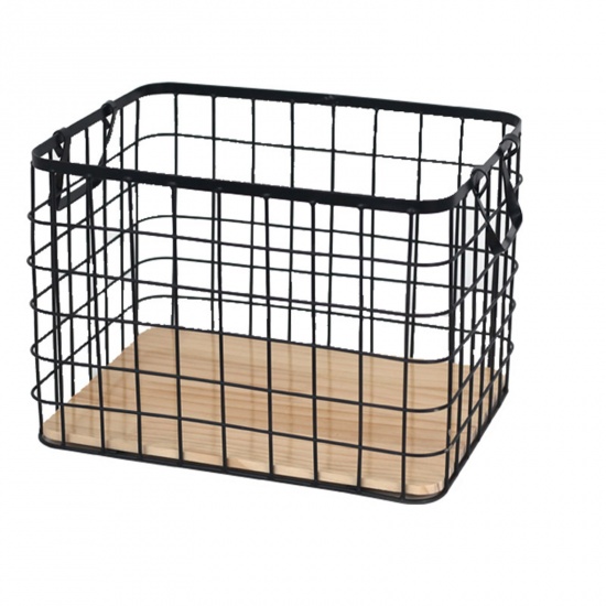 Imagen de Black - Wrought Iron Grid Storage Basket With Wooden Board 36x26x24cm, 1 Piece