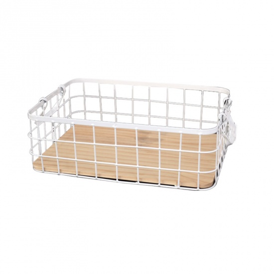 Immagine di White - Wrought Iron Grid Storage Basket With Wooden Board 32x22x11cm, 1 Piece