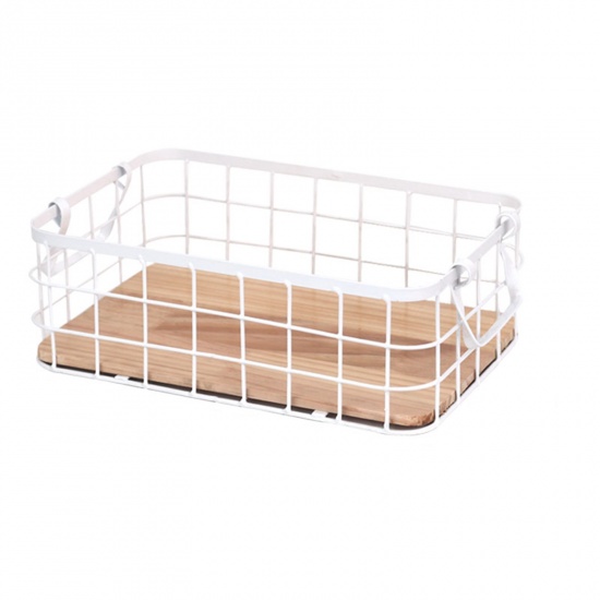 Immagine di White - Wrought Iron Grid Storage Basket With Wooden Board 36x26x12cm, 1 Piece