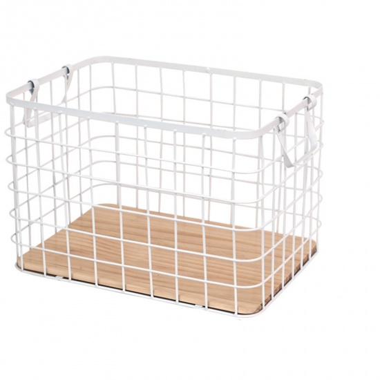 Immagine di White - Wrought Iron Grid Storage Basket With Wooden Board 36x26x24cm, 1 Piece