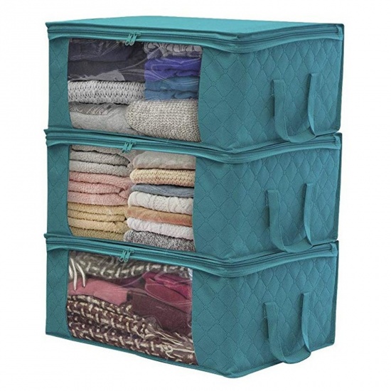 Immagine di Blue - Household Non-Woven Moisture-Proof Clothes Quilt Storage Bag With Handle 49x36x21cm, 1 Piece