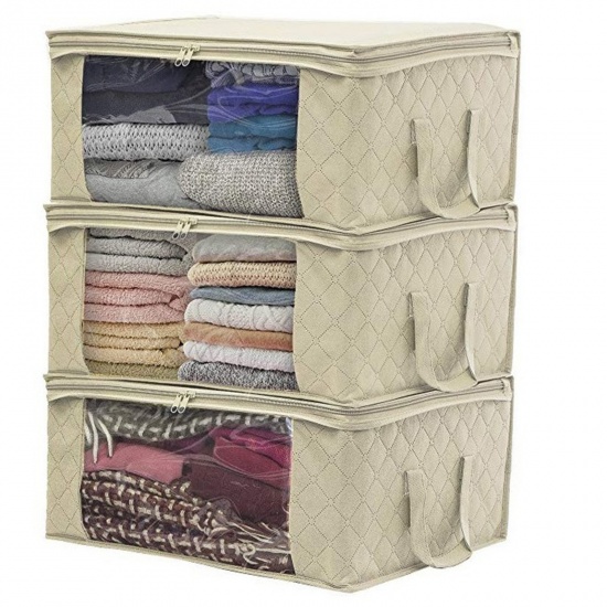 Immagine di Beige - Household Non-Woven Moisture-Proof Clothes Quilt Storage Bag With Handle 49x36x21cm, 1 Piece
