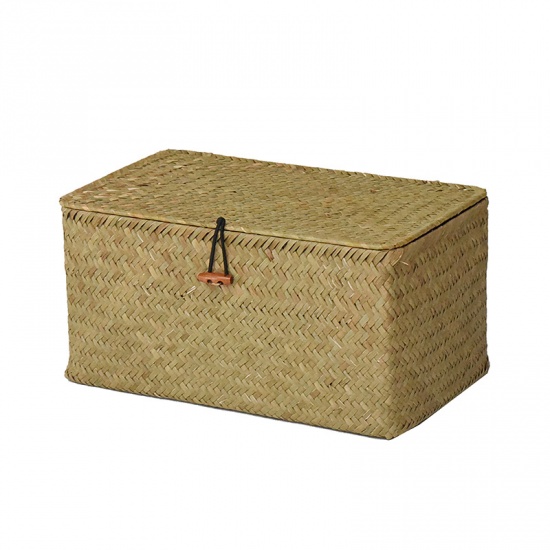 ナチュラル-中型籐バスケット織り収納ボックス蓋付き31x18x15.5cm、1個 の画像