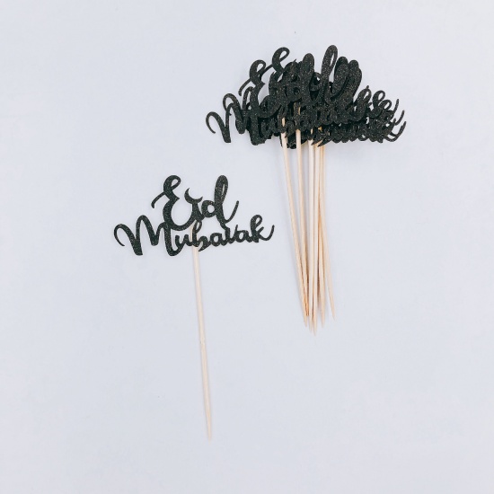 Immagine di Black - Eid Mubarak Paper Cake Picks Decoration For Ramadan Festival Eid Al-Fitr 7.3x12cm, 10 PCs