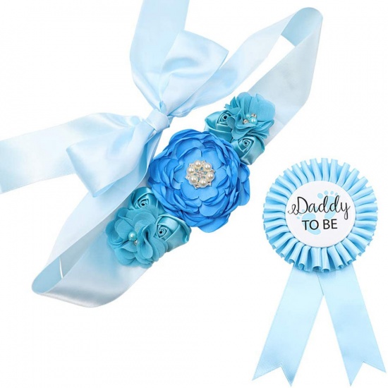 Picture of Blue - Flower Belt Daddy To Be Brooch Badge Baby Shower Party Supplies, 1 Set