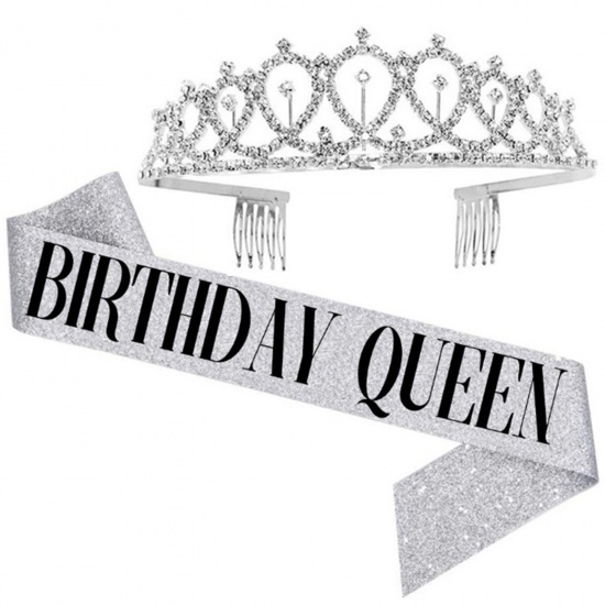 Изображение Silver - Birthday Queen Ribbon Girl Shiny Crown Rhinestone Party Supplies 12x4cm, 1 Set