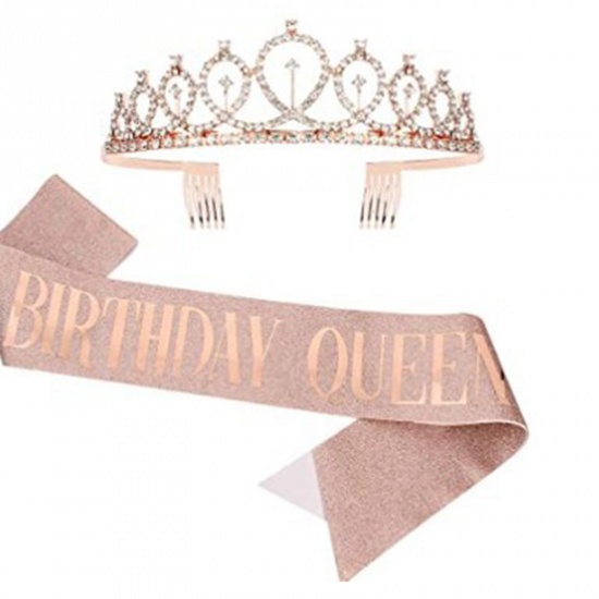 Immagine di Rose Gold - Birthday Queen Ribbon Girl Shiny Crown Rhinestone Party Supplies 12x4cm, 1 Set