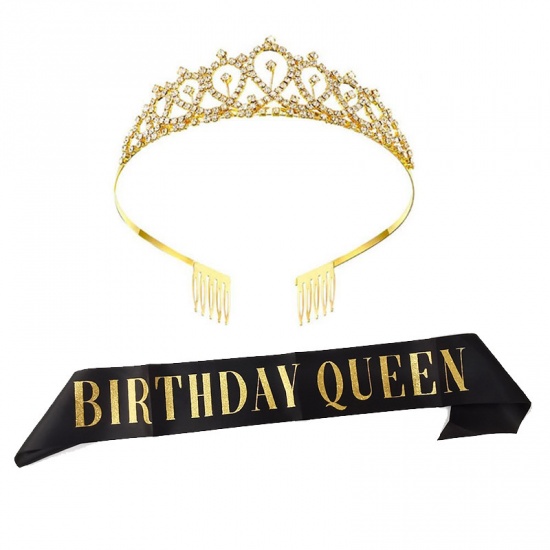 Imagen de Gold Plated - Birthday Queen Ribbon Girl Shiny Crown Rhinestone Party Supplies 12x4cm, 1 Set