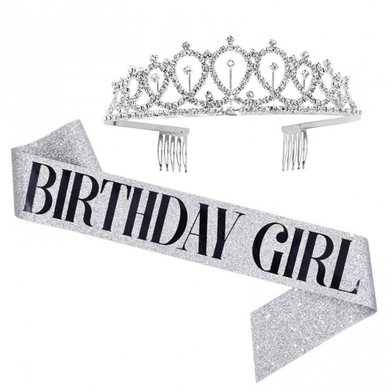 Immagine di Silver - Birthday Girl Ribbon Shiny Crown Rhinestone Party Supplies 12x4cm, 1 Set
