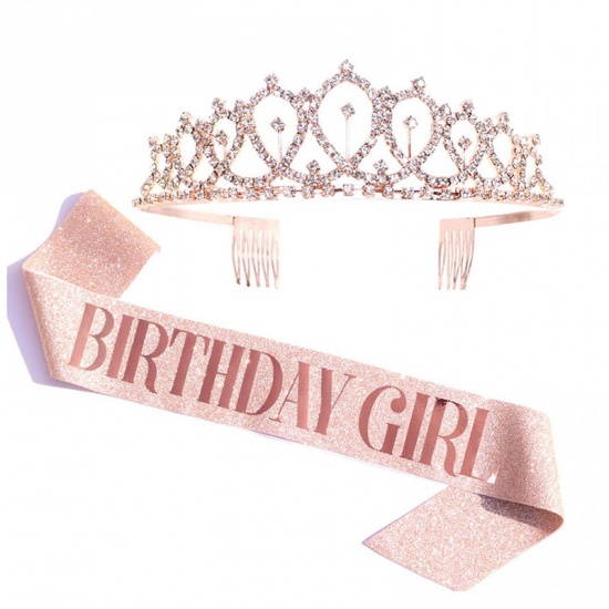 Picture of Rose Gold - Birthday Girl Ribbon Shiny Crown Rhinestone Party Supplies 12x4cm, 1 Set