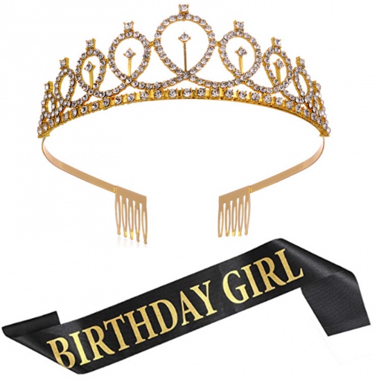 Immagine di Golden - Birthday Girl Ribbon Shiny Crown Rhinestone Party Supplies 12x4cm, 1 Set