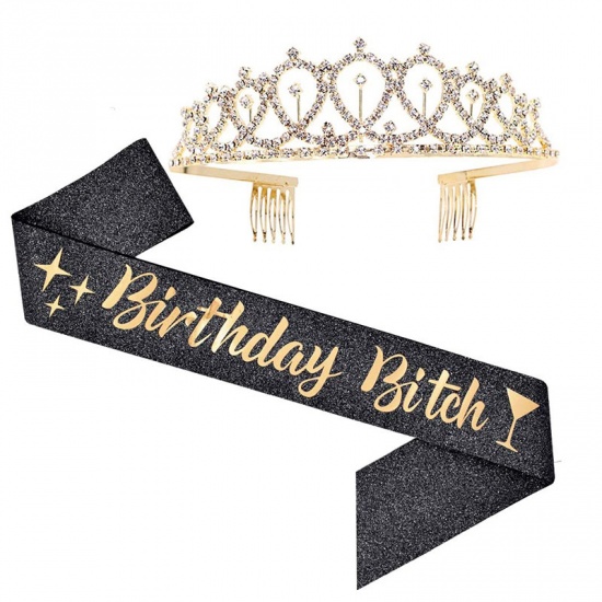 Picture of Golden - Birthday Bitch Ribbon Shiny Crown Rhinestone Party Supplies 12x4cm, 1 Set