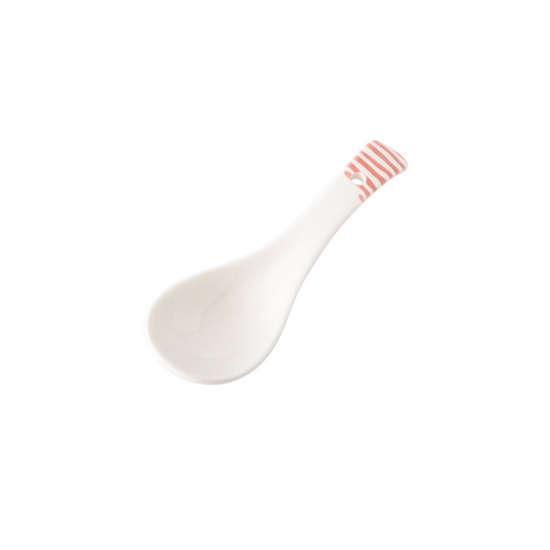 Picture of White - Stripe Underglaze Colour Ceramic Spoon Japanese Style Cutlery Tableware 14.2x4.5cm, 1 Piece