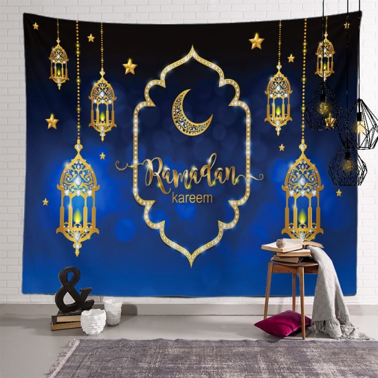 Picture of Dark Blue - 3# Polyester Fiber Tapestry Home Decorations For Ramadan Festival Eid Al-Fitr 150x100cm, 1 Piece