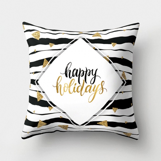 Picture of Black - 20# Happy Holidays Polyester Square Pillowcase Home Textile 45x45cm, 1 Piece