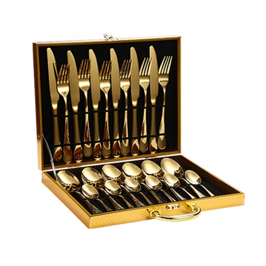 Immagine di Gold Plated - Stainless Steel 24 PCs/Set Flatware Cutlery Gift Tableware With Wooden Box 23.2cm long - 14.2cm long, 1 Set