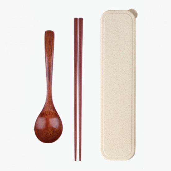 Picture of Coffee - Phoebe Nanmu Wood Chopsticks & Spoon Set With Portable Box Tableware Cutlery 23.5cm long - 18.5cm long, 1 Set