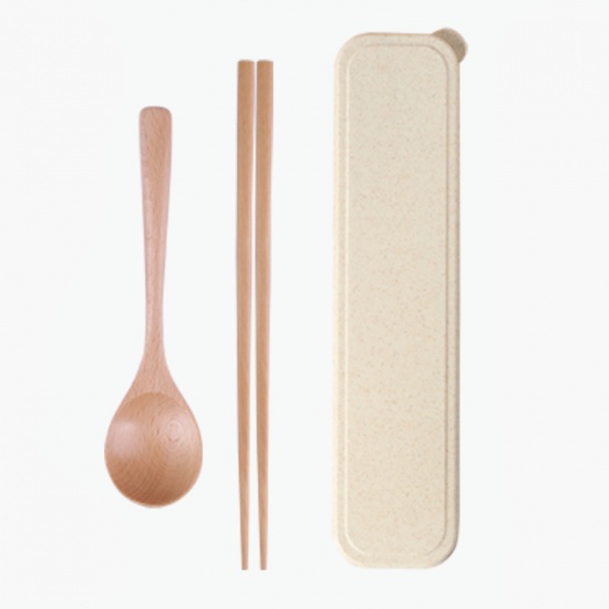 Immagine di Natural - Phoebe Nanmu Wood Chopsticks & Spoon Set With Portable Box Tableware Cutlery 23.5cm long - 18.5cm long, 1 Set