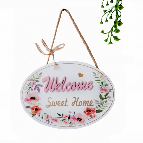 Picture of White - Message " Welcome " Wood Hanging Door Sign Home Decorations 14x19.5x0.5cm, 1 Piece