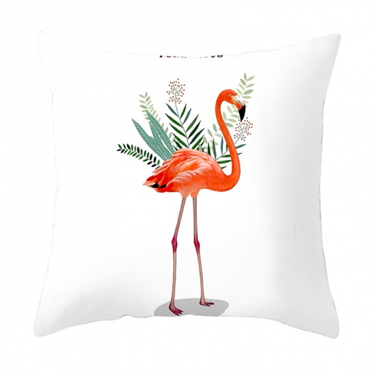 Picture of White - 12# Peach Skin Fabric Flamingo Square Pillowcase Home Textile 45x45cm, 1 Piece