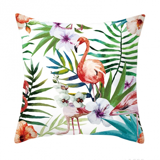 Picture of White - 13# Peach Skin Fabric Flamingo Square Pillowcase Home Textile 45x45cm, 1 Piece