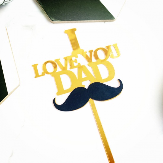 Изображение Golden - I Love You Dad Father's Day Acrylic Cake Picks Decoration Birthday Party Accessories 15cm long, 1 Piece