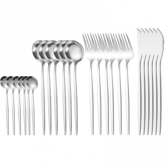 Immagine di Silver Tone - Stainless Steel Knife Fork Spoon Flatware Cutlery Tableware 13cm - 22.5cm long, 1 Set（24 PCs/Set）