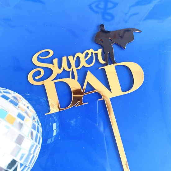Picture of Golden - Super Dad Father's Day Acrylic Cake Picks Decoration Birthday Party Accessories 14cm long, 1 Piece