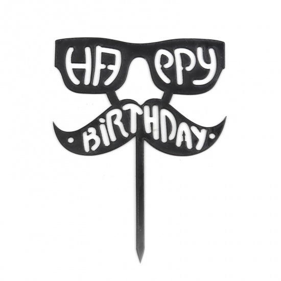 Picture of Black - Happy Birthday Moustache Father's Day Acrylic Cake Picks Decoration Birthday Party Accessories 14cm long, 1 Piece