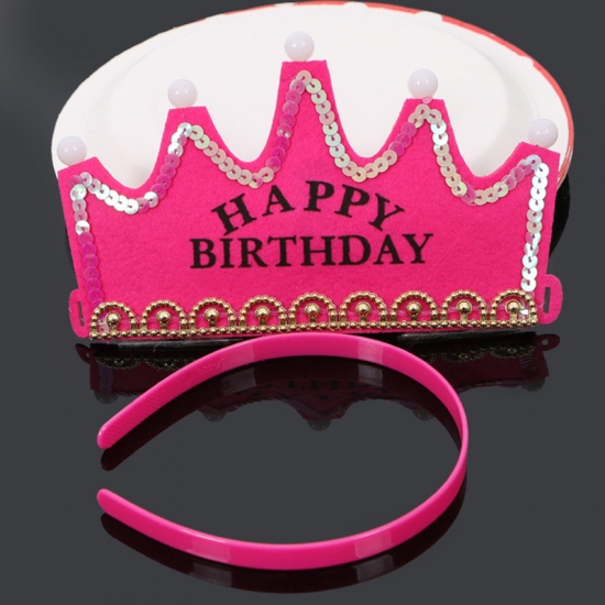 Picture of Fuchsia - Happy Birthday Nonwoven LED Light Crown Hat Birthday Party Supplies For Children And Adults 11.5x11cm, 1 Piece