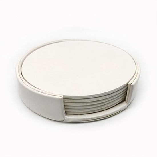 Immagine di White - PU Leather Cup Mat Bowl Pad Waterproof Heat Insulation Round 11x11x2.5cm, 1 Set