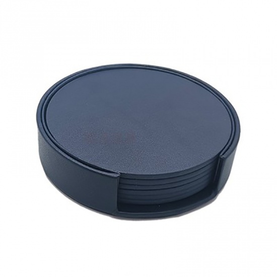 Immagine di Blue - PU Leather Cup Mat Bowl Pad Waterproof Heat Insulation Round 11x11x2.5cm, 1 Set