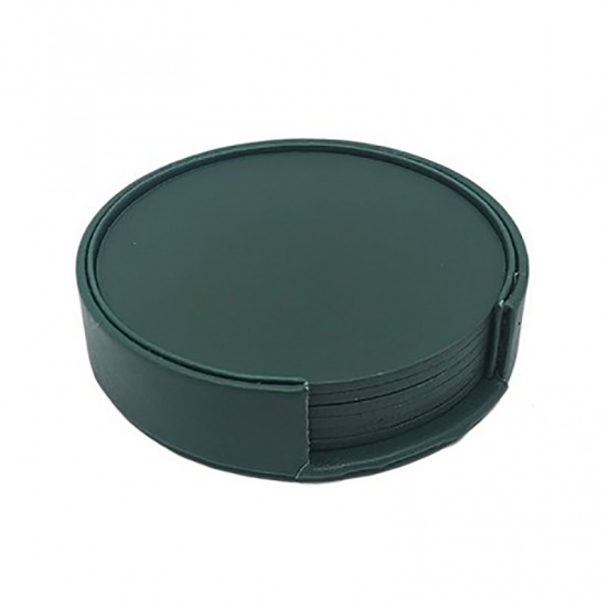 Immagine di Green - PU Leather Cup Mat Bowl Pad Waterproof Heat Insulation Round 11x11x2.5cm, 1 Set