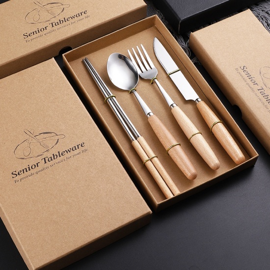 Picture of Silver Tone - Stainless Steel & Beech Wood Knife Fork Spoon Chopsticks Flatware Cutlery Tableware 22.5cm long - 20cm long, 1 Set（4 PCs/Set）