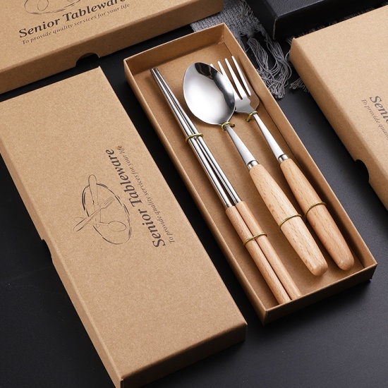 Picture of Silver Tone - Stainless Steel & Beech Wood Fork Spoon Chopsticks Flatware Cutlery Tableware 22.5cm long - 20cm long, 1 Set（3 PCs/Set）
