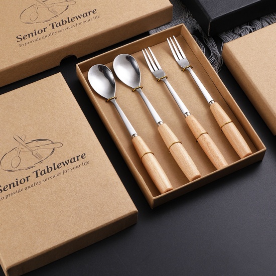 Picture of Silver Tone - Stainless Steel & Beech Wood Dessert Fork Spoon Flatware Cutlery Tableware 16cm long, 1 Set（4 PCs/Set）