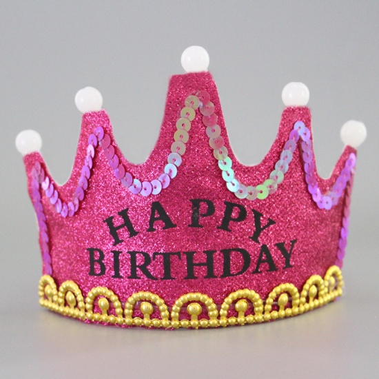 Picture of Fuchsia - Happy Birthday Glitter Nonwoven LED Light Crown Hat Birthday Party Supplies For Children And Adults 11.5x12.2cm, 1 Piece