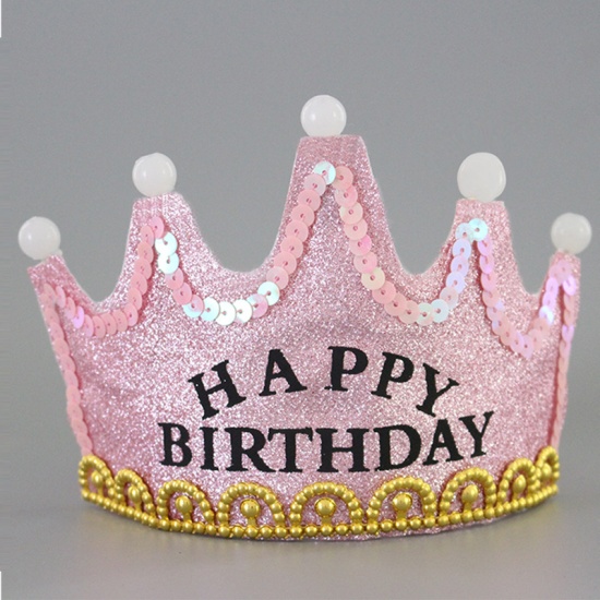 Picture of Pink - Happy Birthday Glitter Nonwoven LED Light Crown Hat Birthday Party Supplies For Children And Adults 11.5x12.2cm, 1 Piece