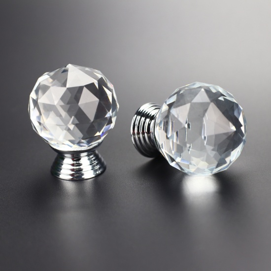 Picture of Silver Tone - Faceted Glass Ball Handles Pulls Knobs For Drawer Cabinet Furniture Hardware 30mm Dia., 1 Piece