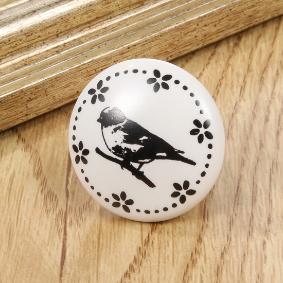 Picture of White - 10# Ceramic Bird Round Handles Pulls Knobs For Drawer Cabinet Furniture Hardware 38x32mm, 1 Piece
