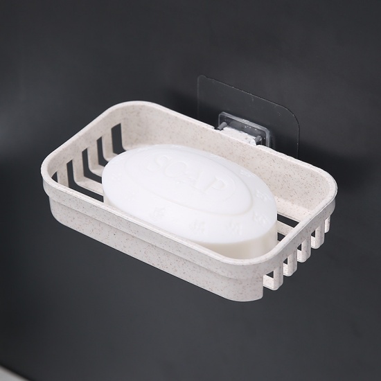 Picture of Beige - PP & Wheat Straw Wall-mounted Single-layer Draining Soap Dish Storage Box 13x8x2.7cm, 1 Piece